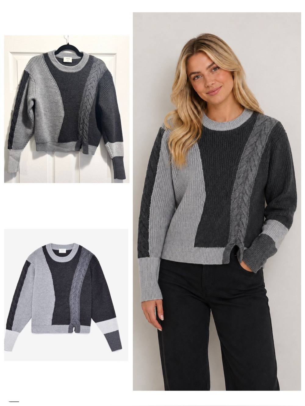 Aritzia Wilfred Lonell Gray Colorblock Cable Knit Merino Wool Sweater Size XS